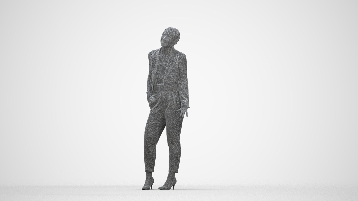 3D human model woman business, photogrammetry scanned person for archviz, wireframe back view