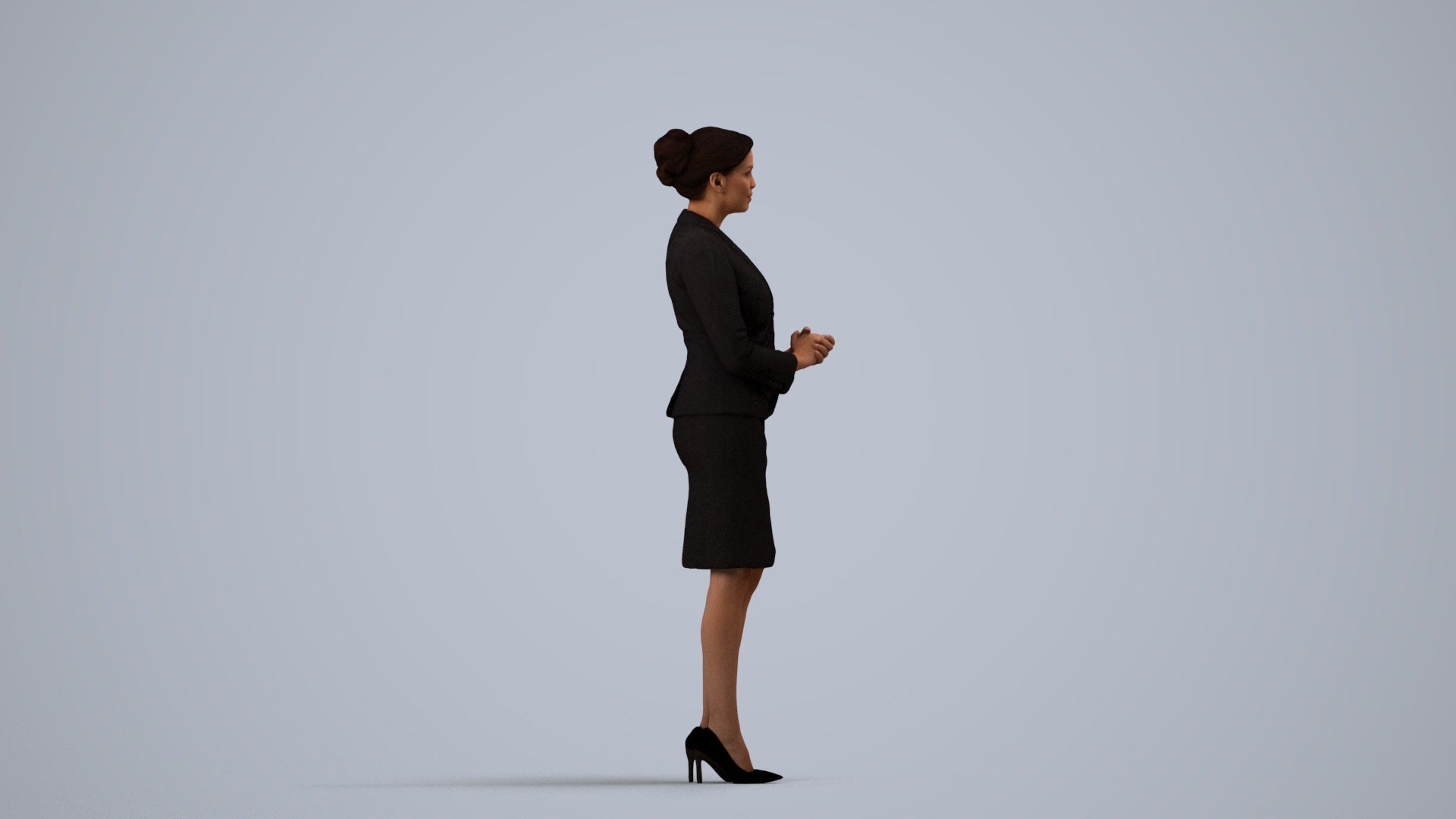 3D scanned woman standing, photorealistic archviz people for Enscape and SketchUp, side view render