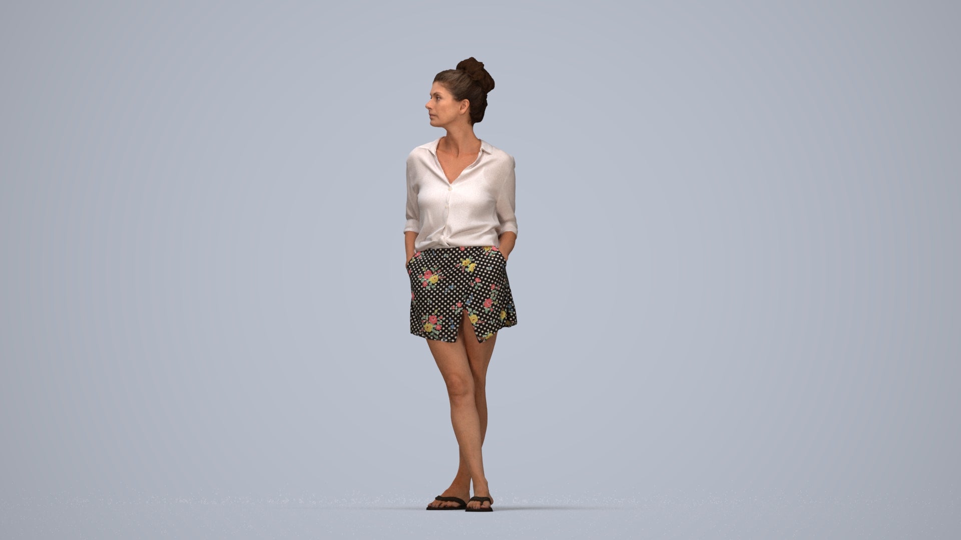 realistic 3D human woman casual standing, archviz people FBX OBJ for Blender, top-down view render