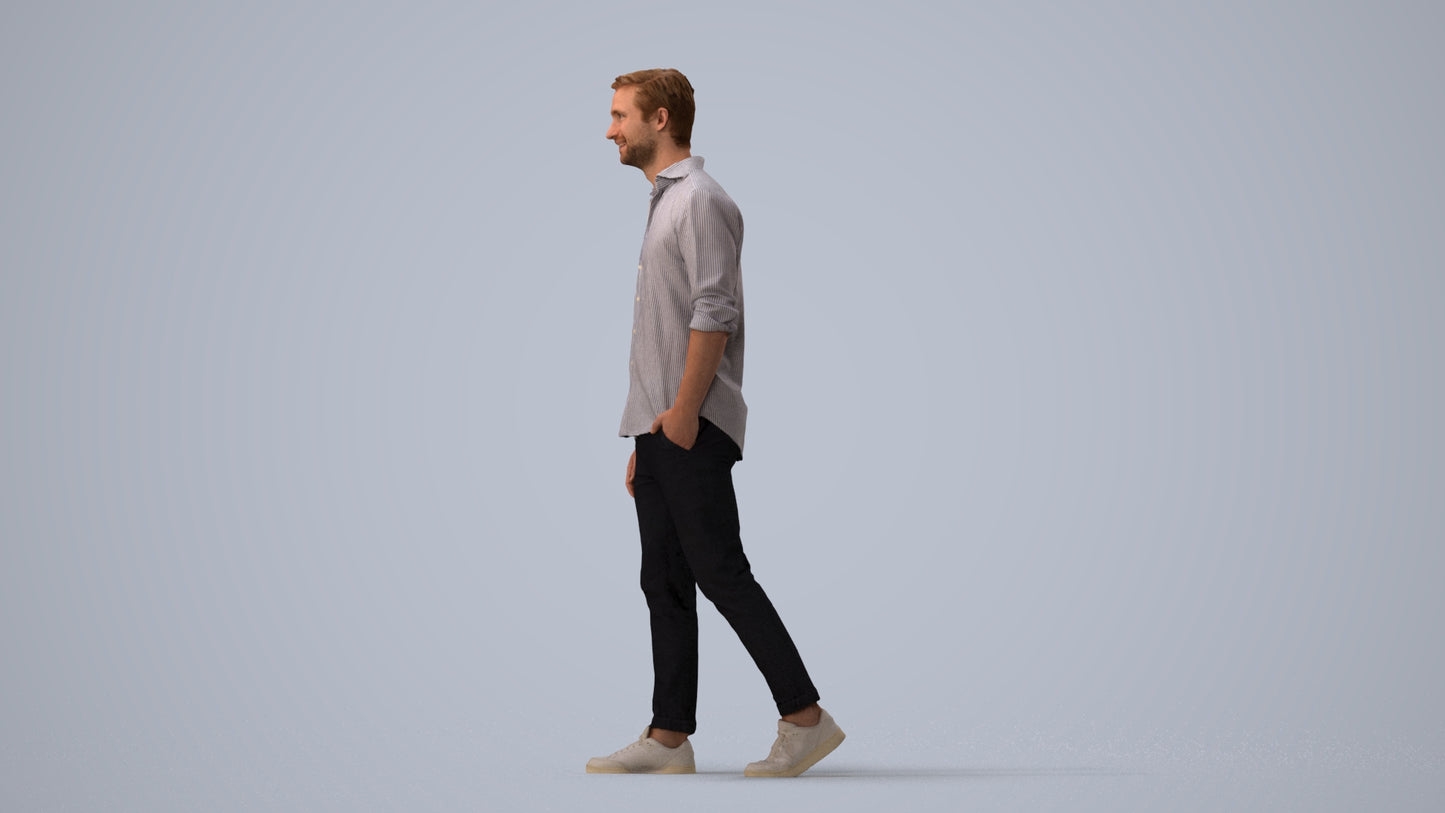realistic 3D man casual walking, scanned archviz people for Blender and 3ds Max, three-quarter view render