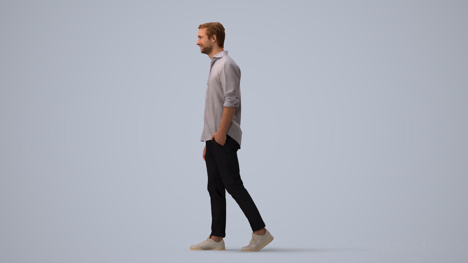 realistic 3D man casual walking, scanned archviz people for Blender and 3ds Max, three-quarter view render