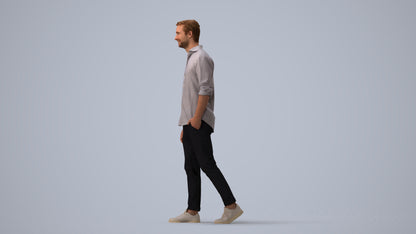 realistic 3D man casual walking, scanned archviz people for Blender and 3ds Max, three-quarter view render