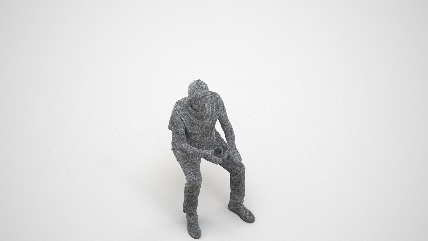 realistic 3D human senior man casual sitting, archviz people FBX OBJ for Blender, wireframe three-quarter view