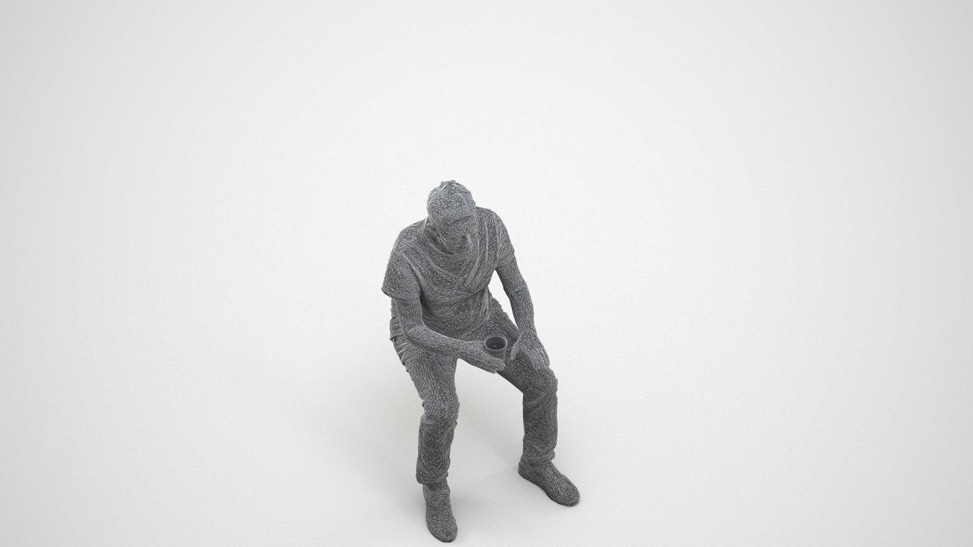 realistic 3D human senior man casual sitting, archviz people FBX OBJ for Blender, wireframe three-quarter view