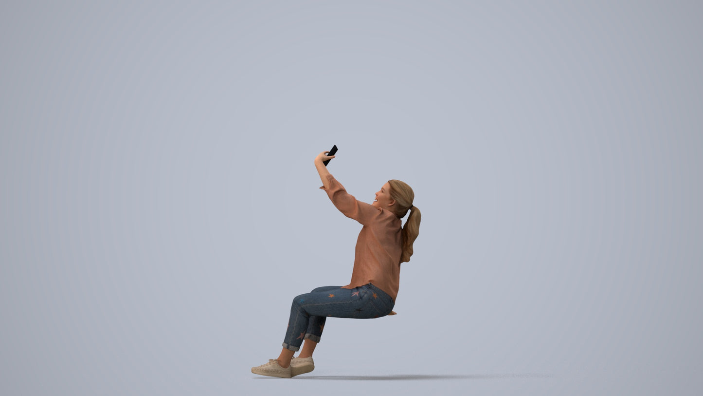 3D people model woman casual sitting, scanned human for 3ds Max rendering, three-quarter view render