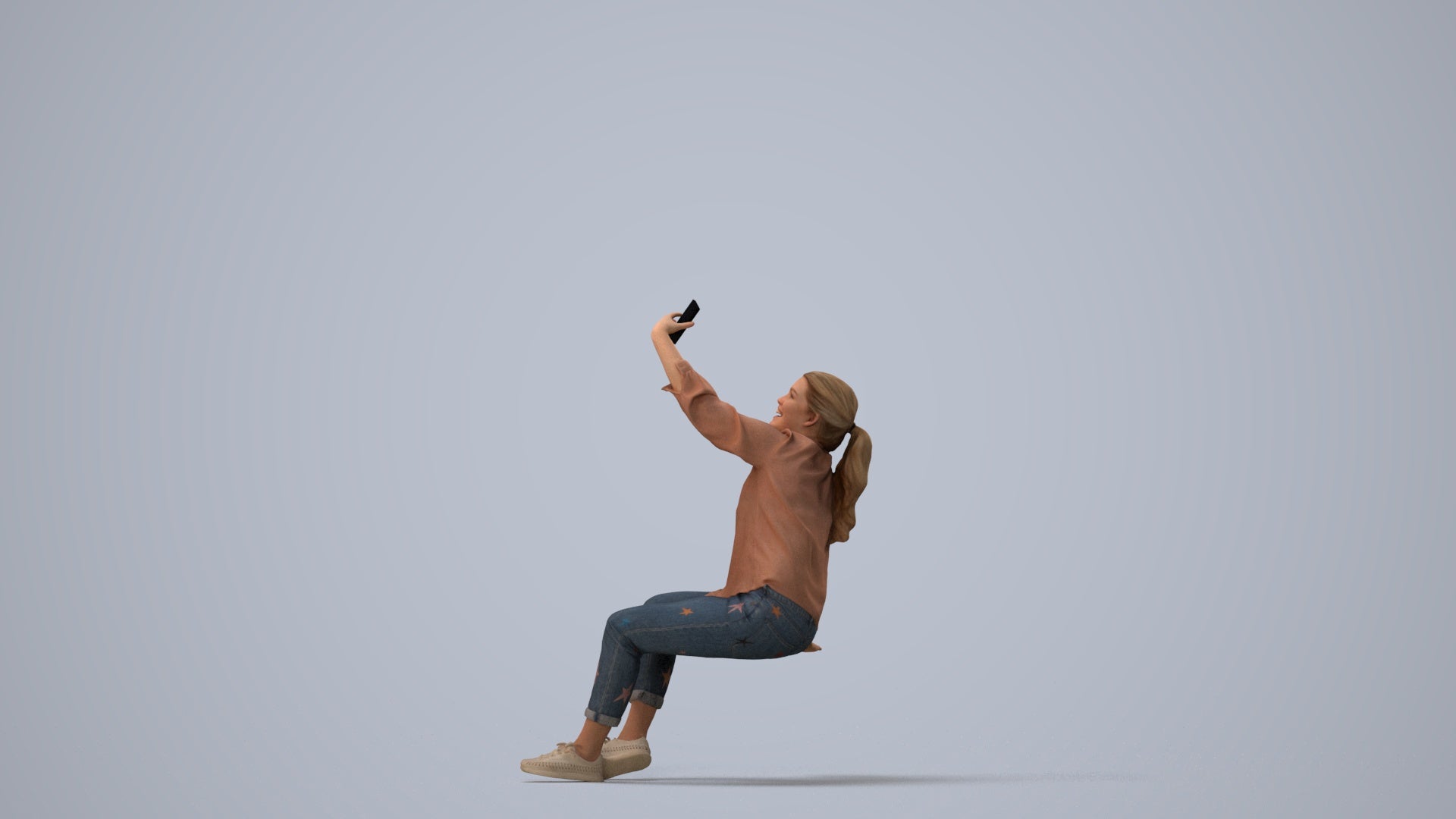 3D people model woman casual sitting, scanned human for 3ds Max rendering, three-quarter view render