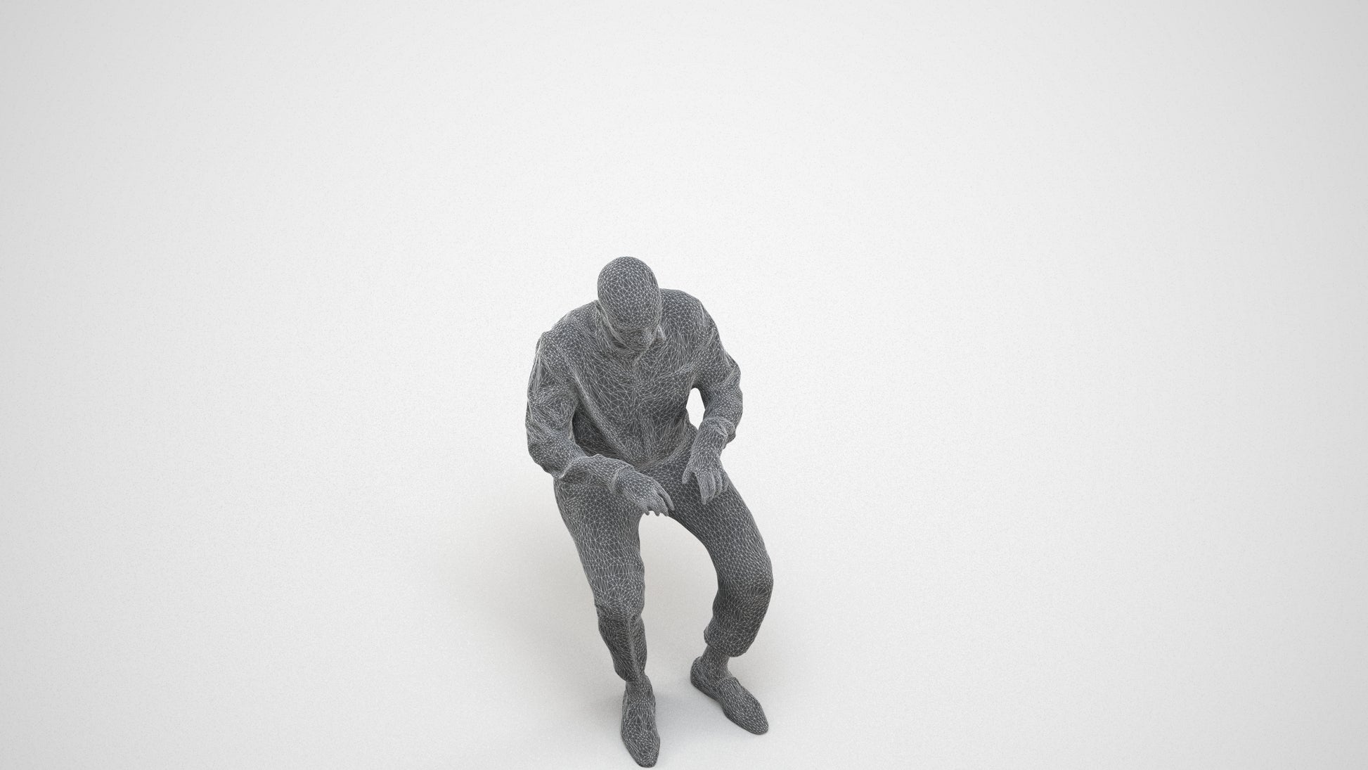 3D human model man business, photogrammetry scanned person for archviz, wireframe three-quarter view