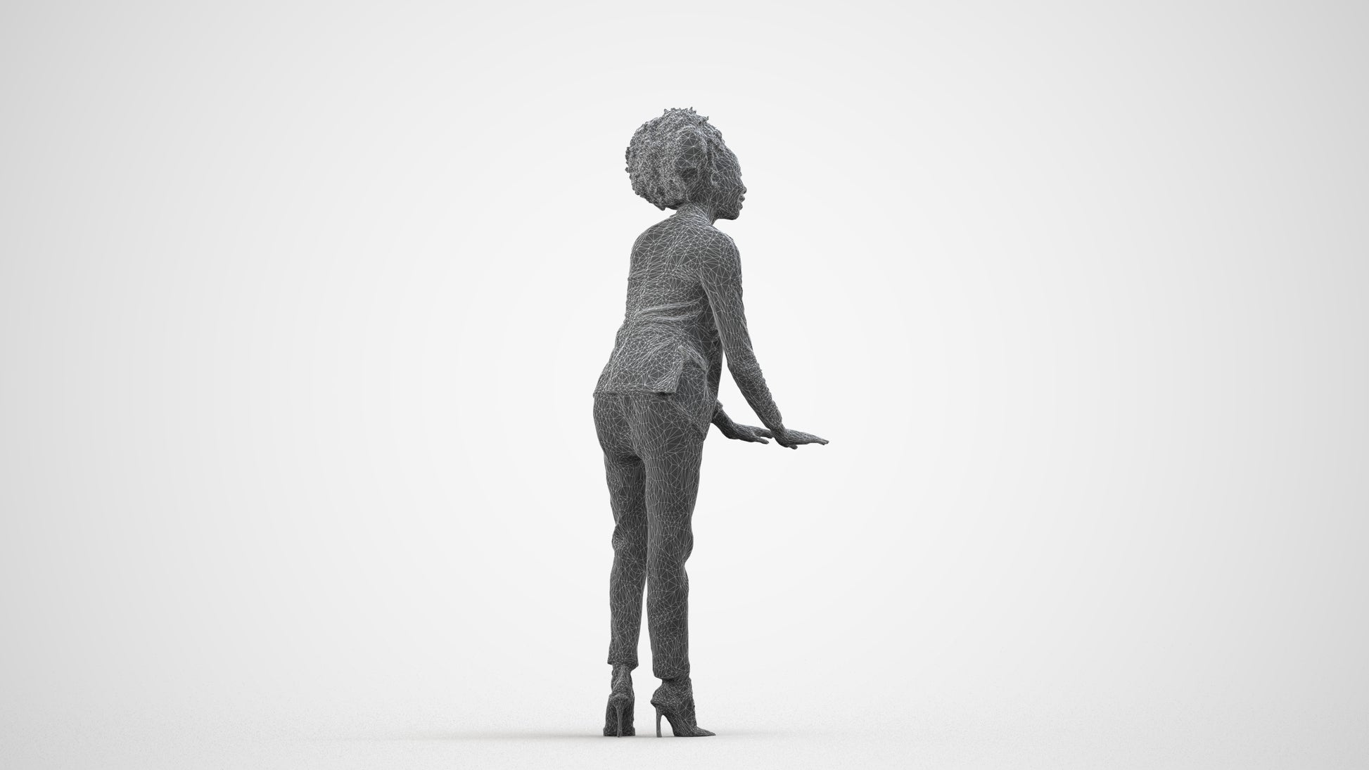 realistic 3D human woman business standing, archviz people FBX OBJ for Blender, wireframe side view