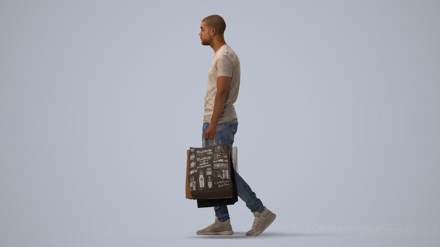 photogrammetry 3D man casual shopping, realistic human model archviz FBX, three-quarter view render