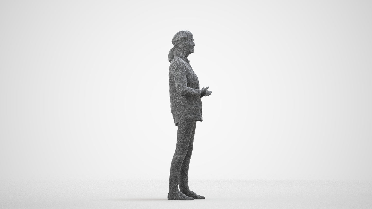 realistic 3D senior woman casual standing, scanned archviz people for Blender and 3ds Max, wireframe side view