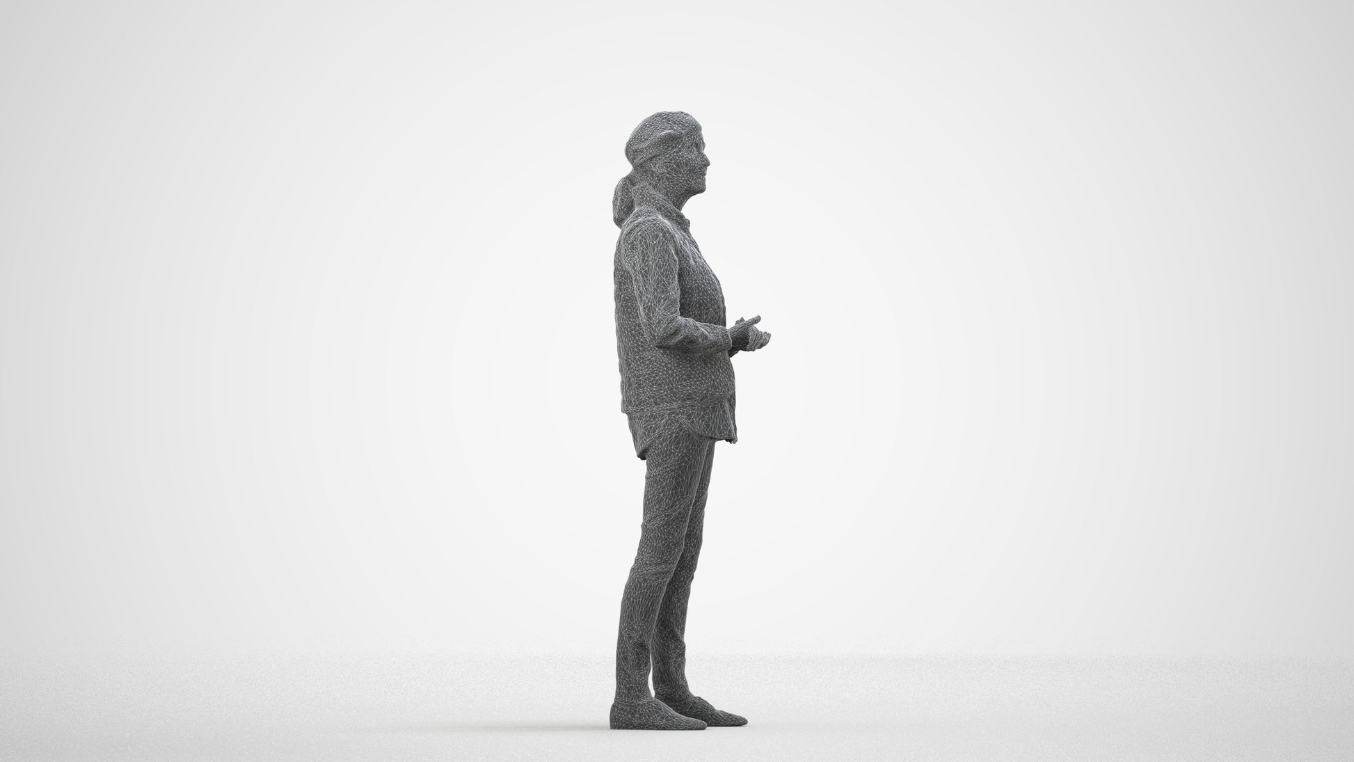 realistic 3D senior woman casual standing, scanned archviz people for Blender and 3ds Max, wireframe side view