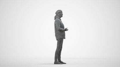 realistic 3D senior woman casual standing, scanned archviz people for Blender and 3ds Max, wireframe side view
