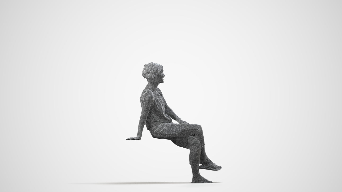 3D human model senior woman sitting, photogrammetry scanned person for archviz, wireframe side view
