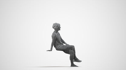3D human model senior woman sitting, photogrammetry scanned person for archviz, wireframe side view