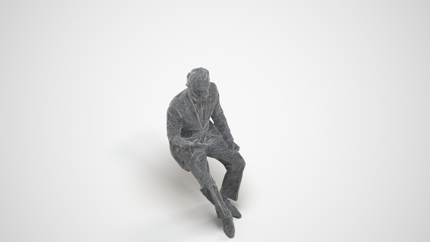 3D human model man business, photogrammetry scanned person for archviz, wireframe three-quarter view