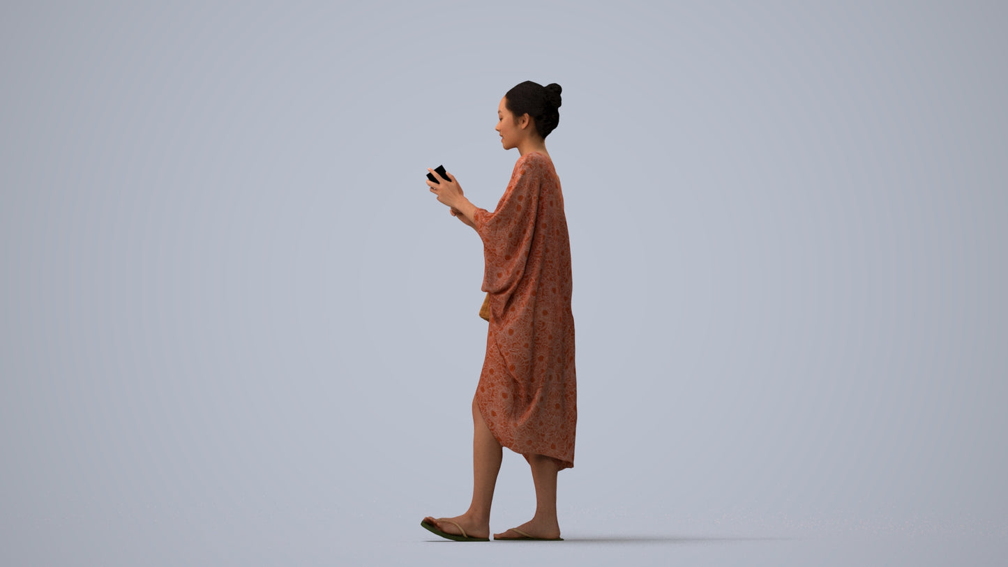 photogrammetry 3D woman walking, realistic human model archviz FBX, three-quarter view render