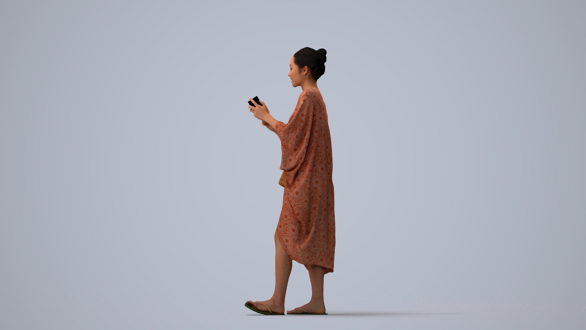 photogrammetry 3D woman walking, realistic human model archviz FBX, three-quarter view render