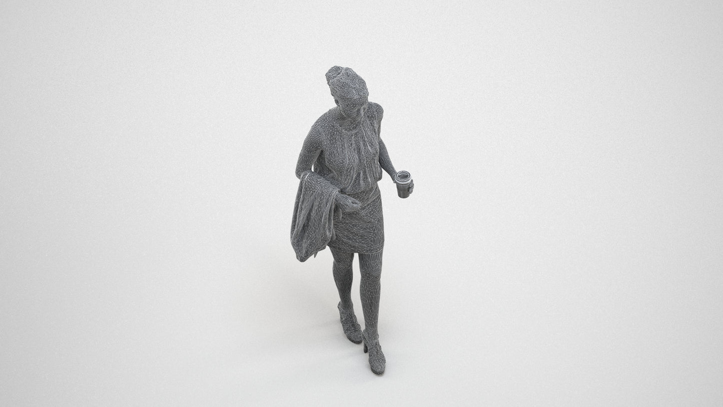 realistic 3D woman business walking, scanned archviz people for Blender and 3ds Max, wireframe three-quarter view