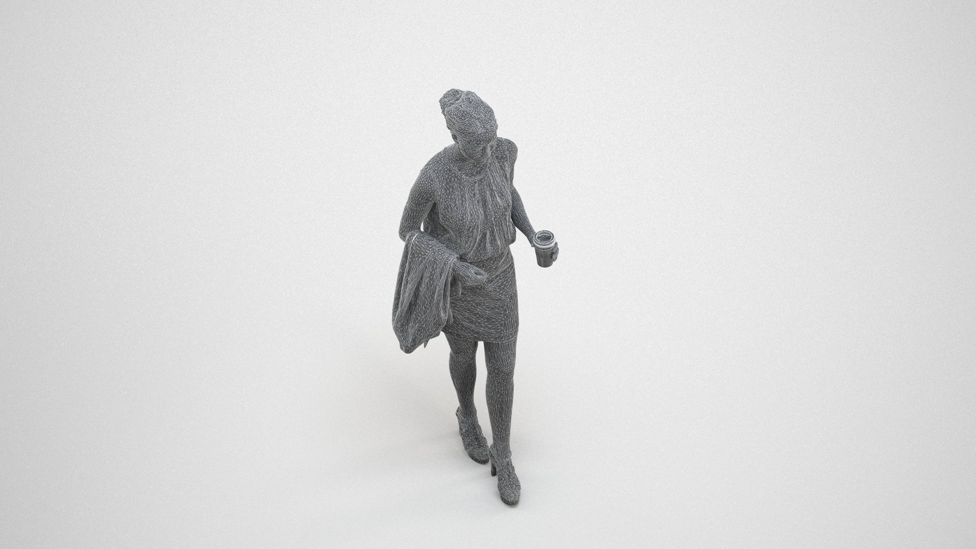 realistic 3D woman business walking, scanned archviz people for Blender and 3ds Max, wireframe three-quarter view