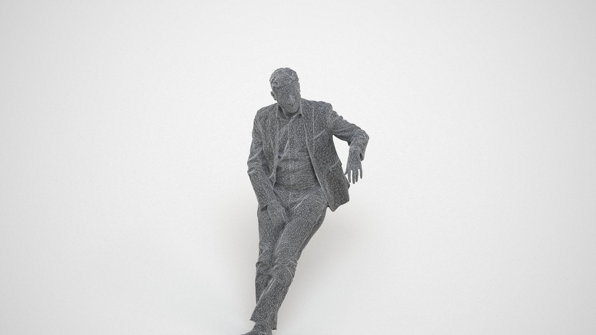 3D human model man business, photogrammetry scanned person for archviz, wireframe three-quarter view