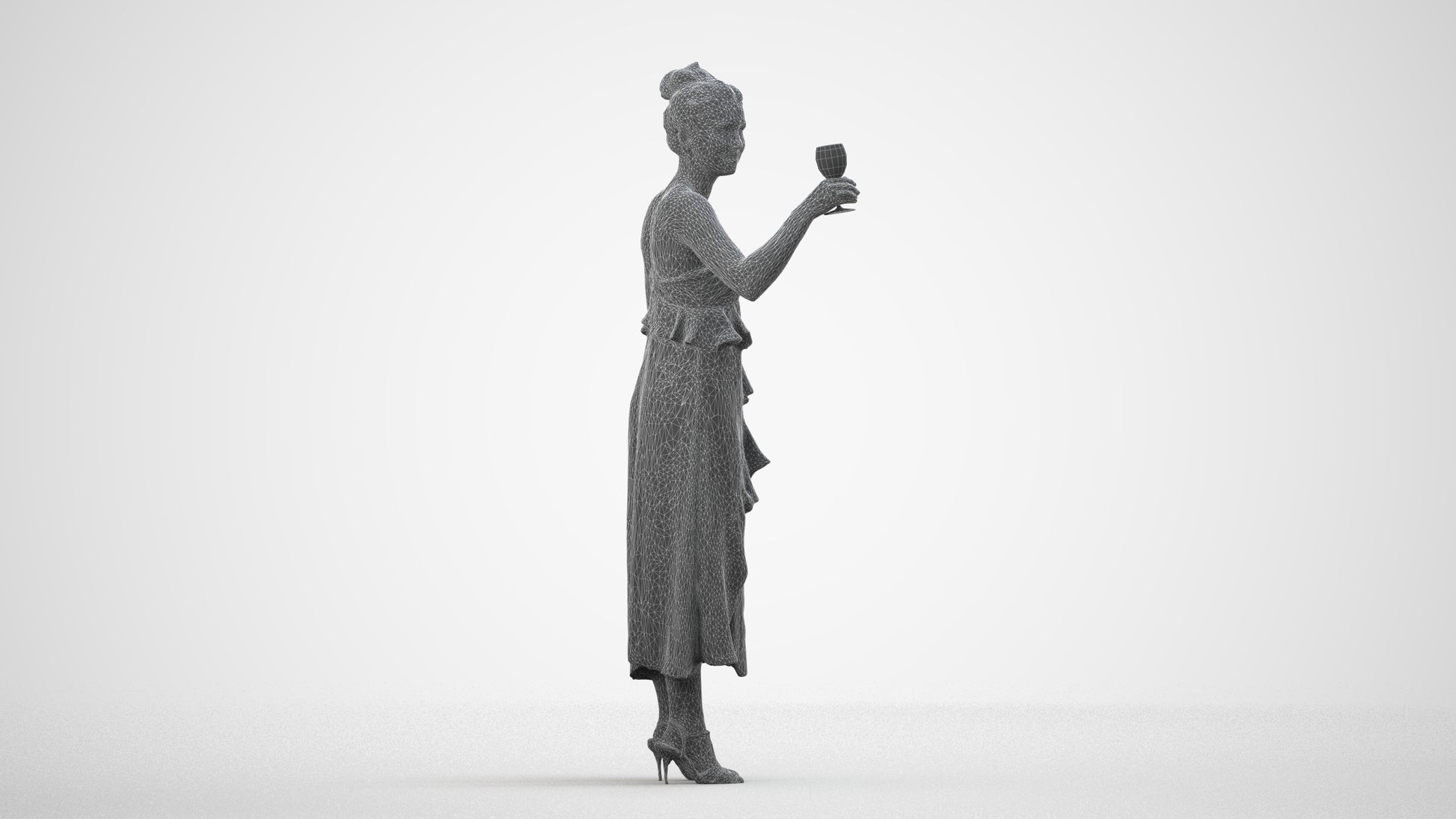3D people model woman formal formalaffairs, scanned human for 3ds Max rendering, wireframe side view