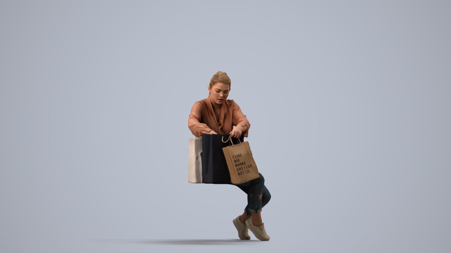 3D human model woman casual shopping, photogrammetry scanned person for archviz, side view render