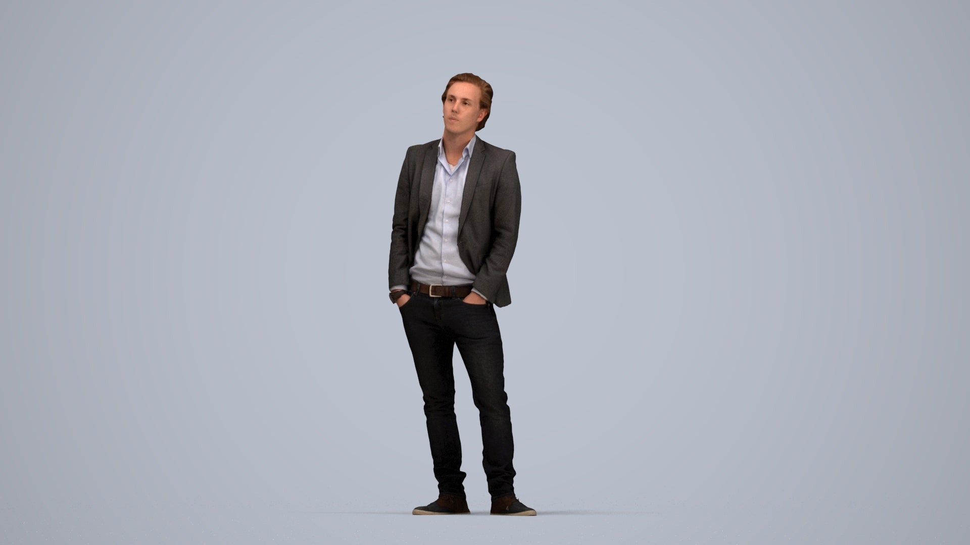 3D human model man business standing, photogrammetry scanned person for archviz, top-down view render
