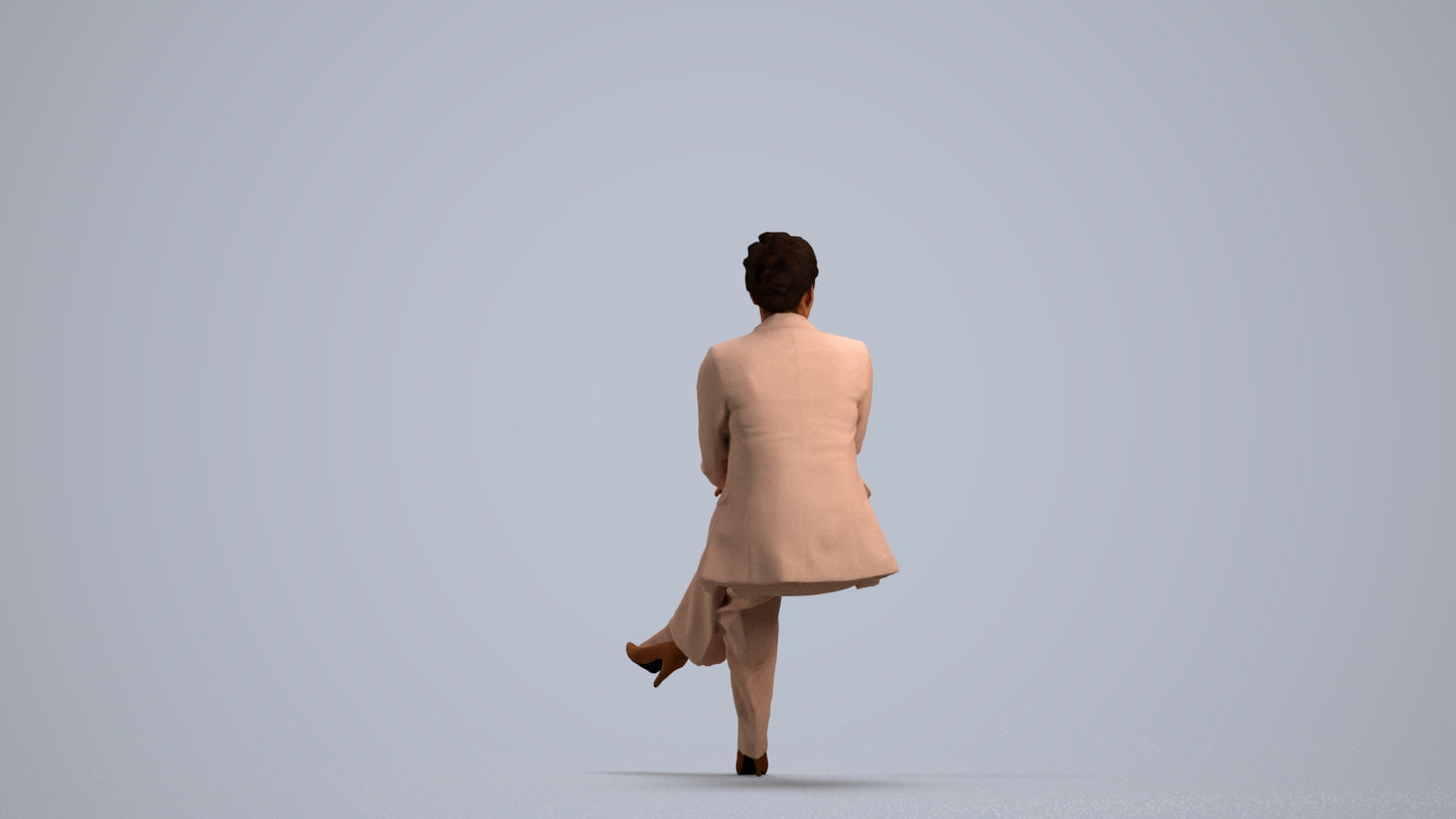 3D human model woman business sitting, photogrammetry scanned person for archviz, front view render