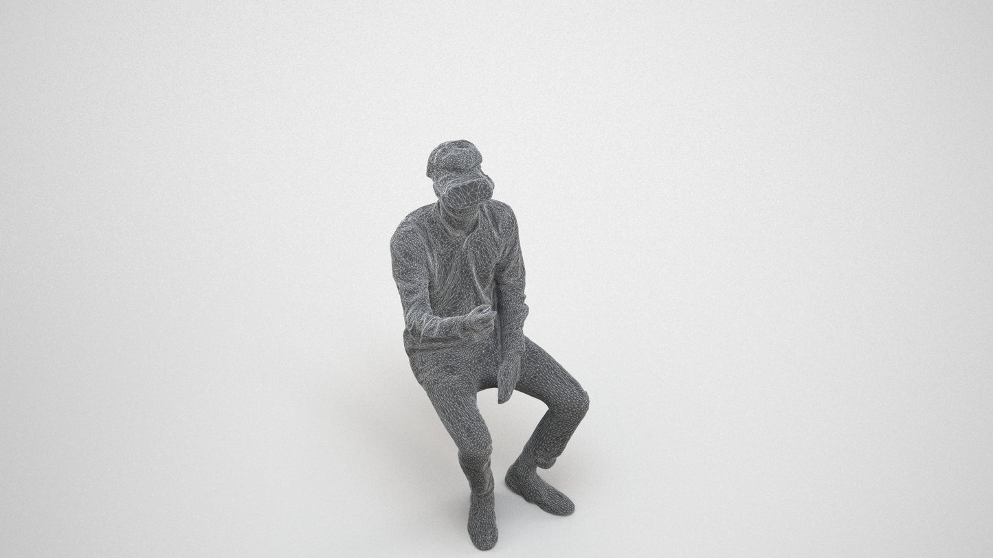 scanned 3D man casual sitting, photogrammetry people for Enscape and V-Ray, wireframe three-quarter view
