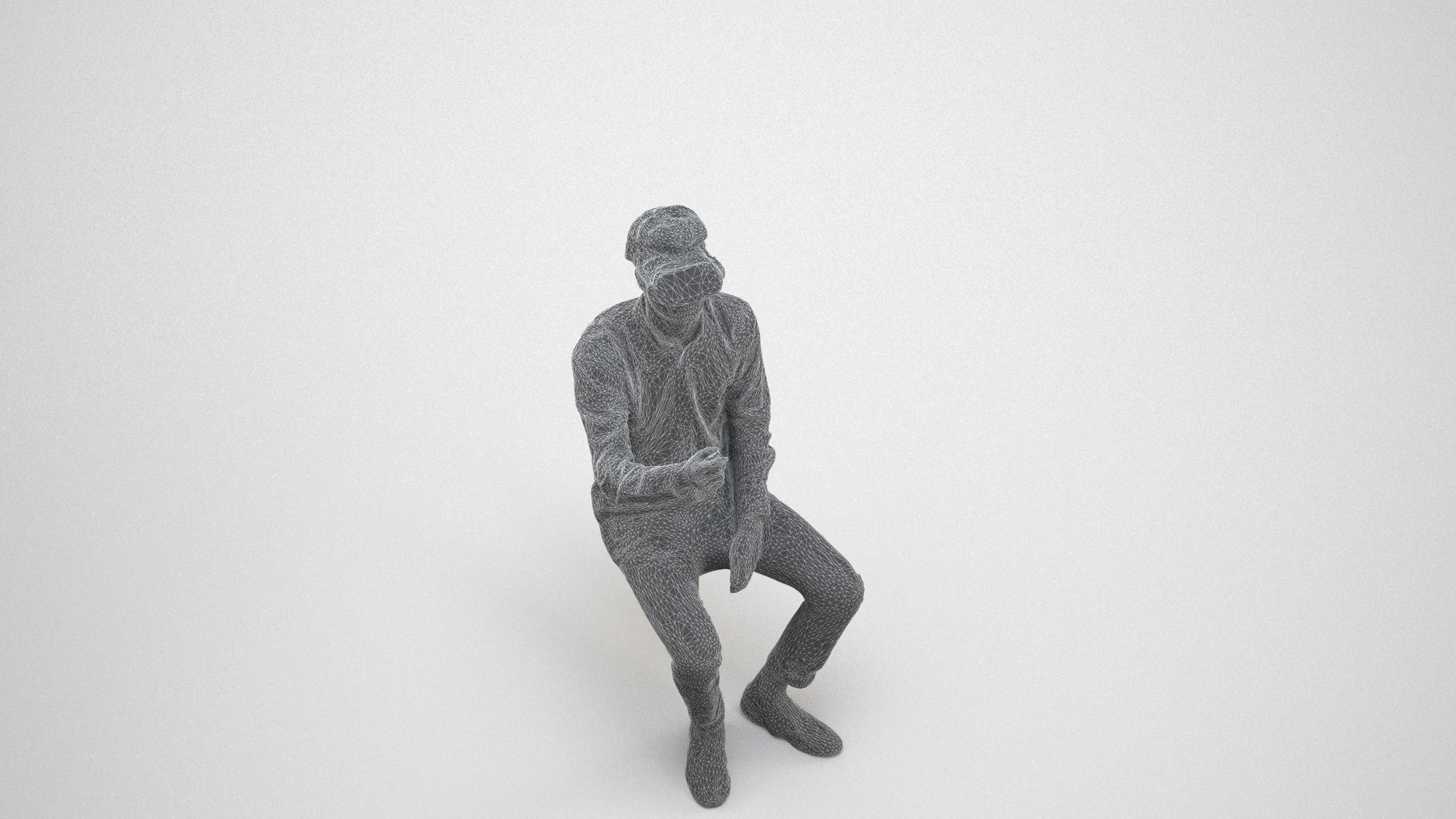 scanned 3D man casual sitting, photogrammetry people for Enscape and V-Ray, wireframe three-quarter view