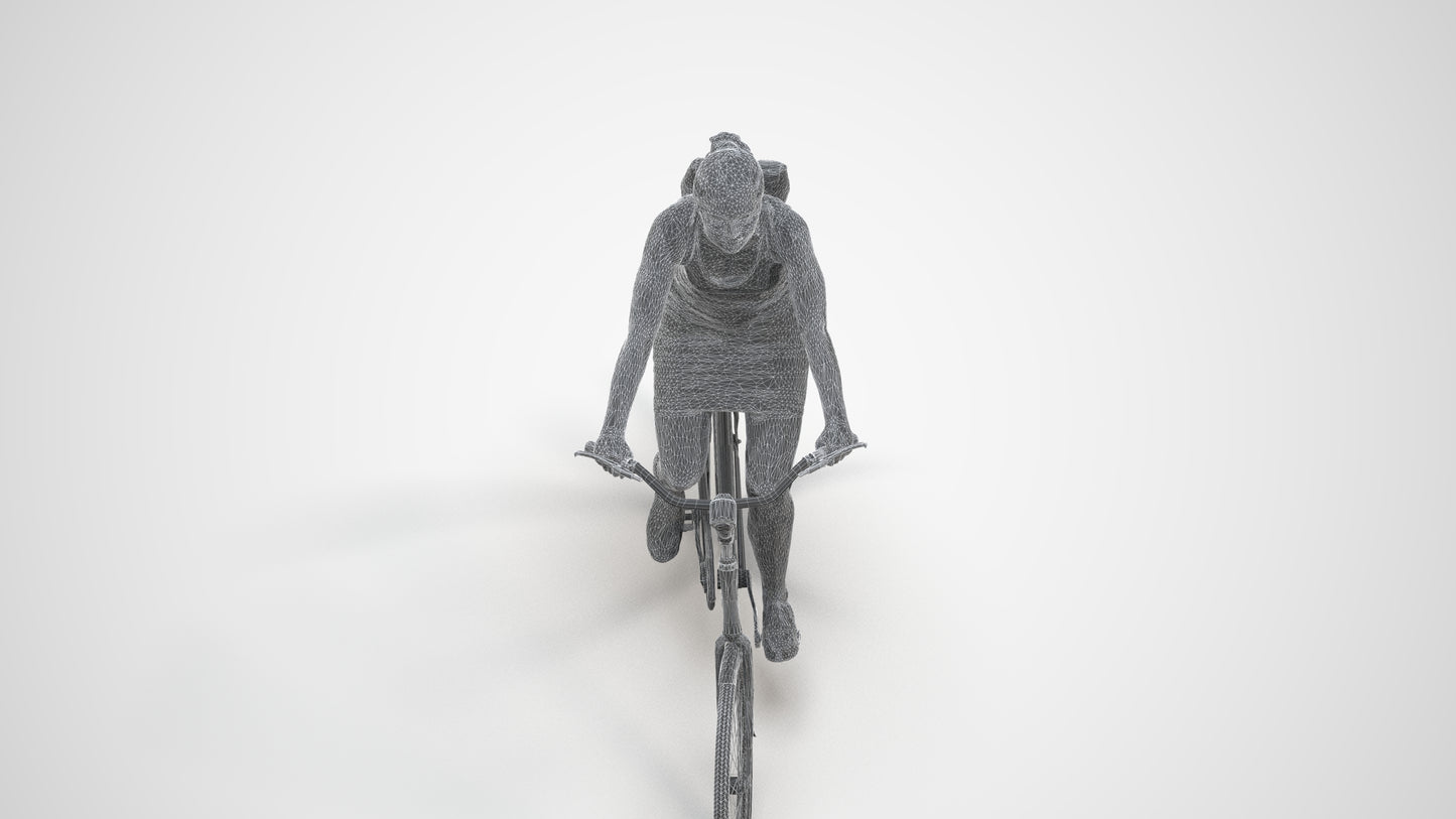 3D scanned girl cycling casual, photorealistic archviz people for Enscape and SketchUp, wireframe three-quarter view