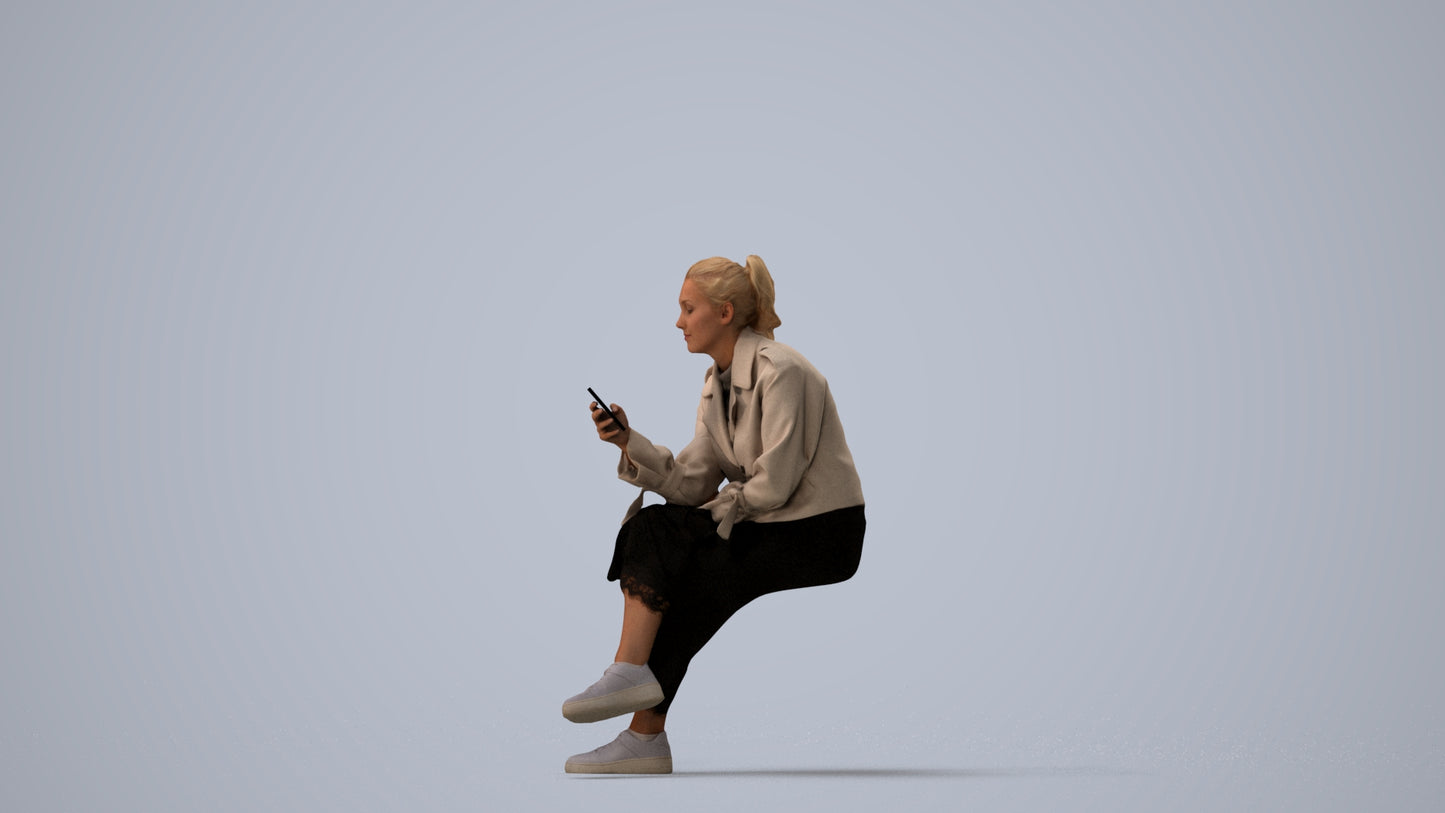 photogrammetry 3D woman casual sitting, realistic human model archviz FBX, three-quarter view render
