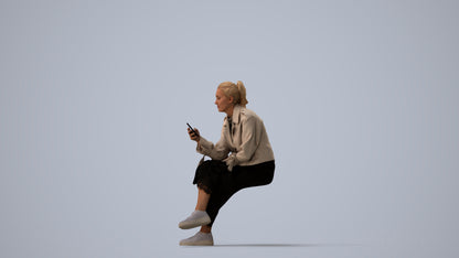 photogrammetry 3D woman casual sitting, realistic human model archviz FBX, three-quarter view render