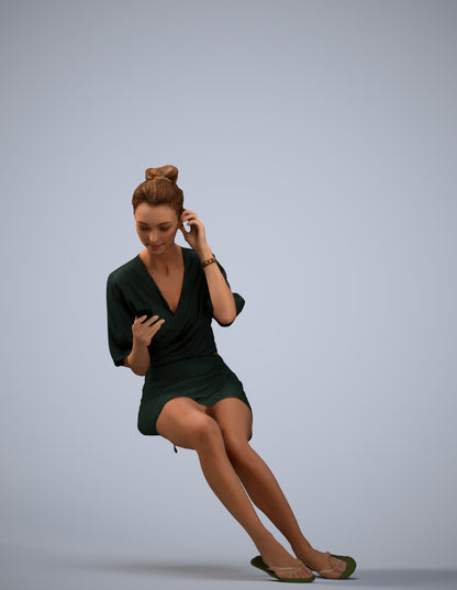 3D human model woman casual sitting, photogrammetry scanned person for archviz