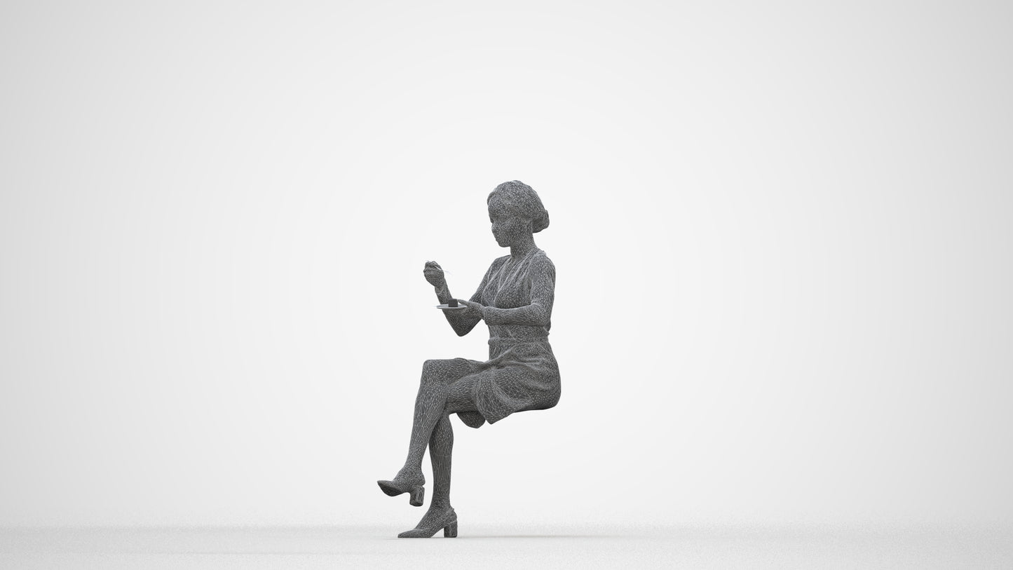 scanned 3D woman casual sitting, photogrammetry people for Enscape and V-Ray, wireframe back view