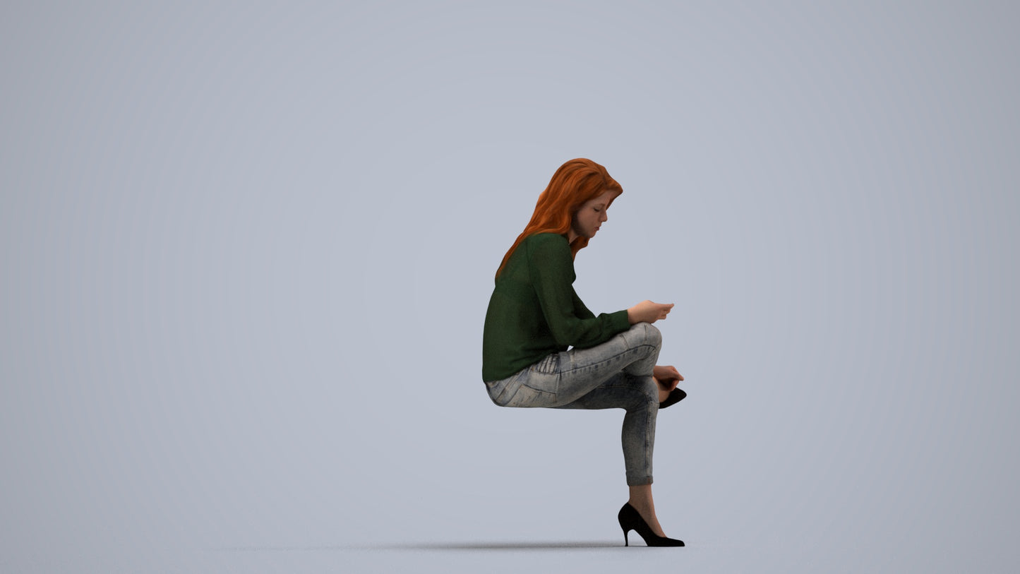 realistic 3D senior woman business sitting, scanned archviz people for Blender and 3ds Max, side view render