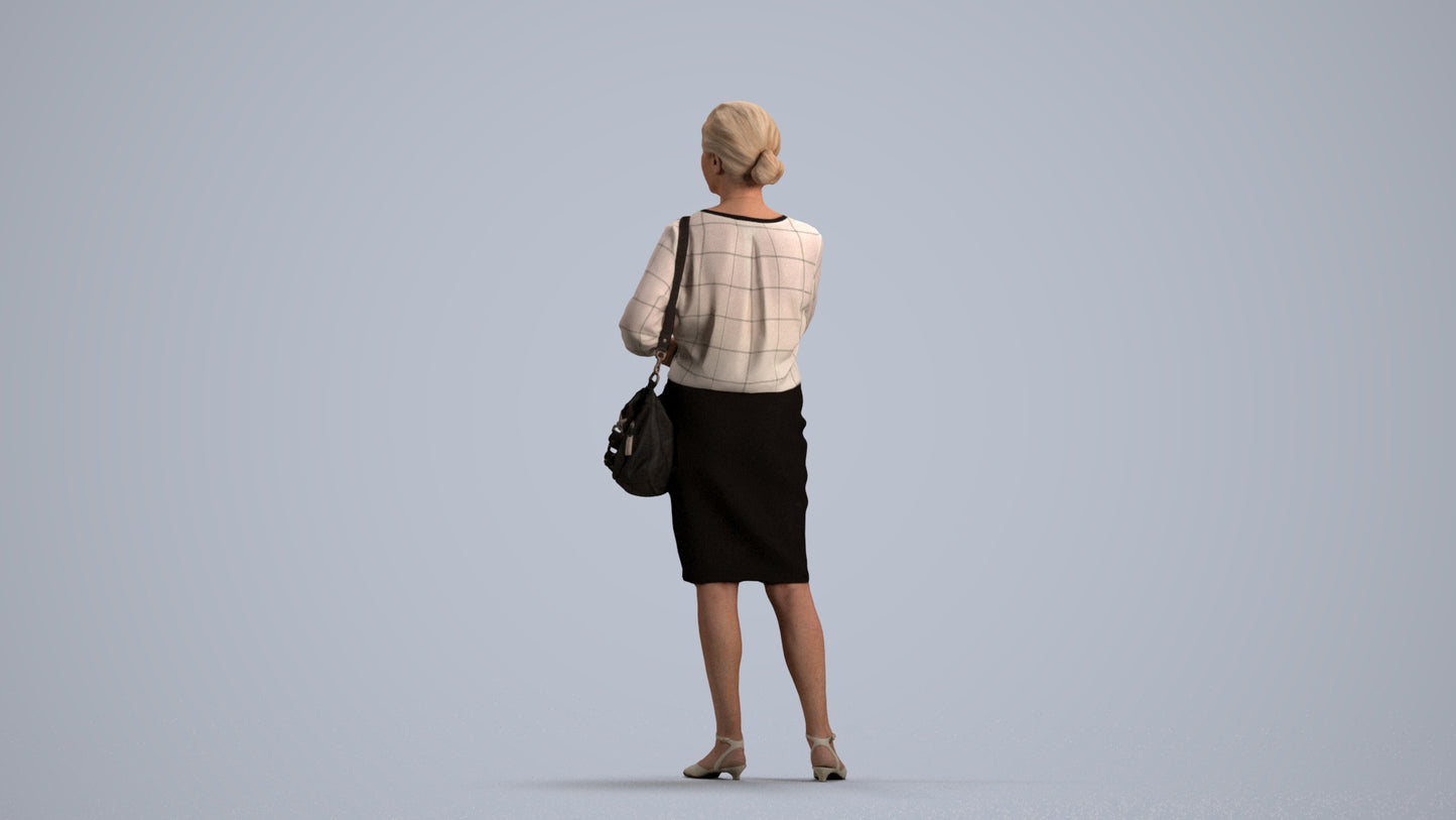 realistic 3D human senior woman business standing, archviz people FBX OBJ for Blender, front view render