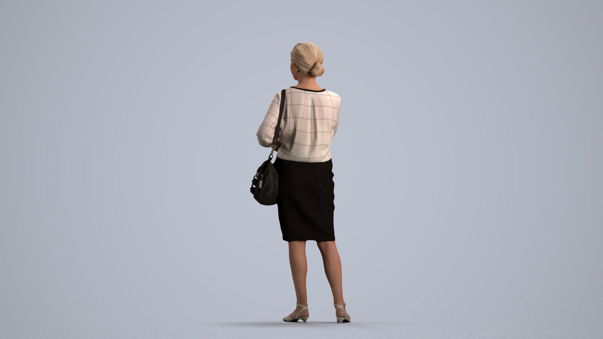 realistic 3D human senior woman business standing, archviz people FBX OBJ for Blender, front view render