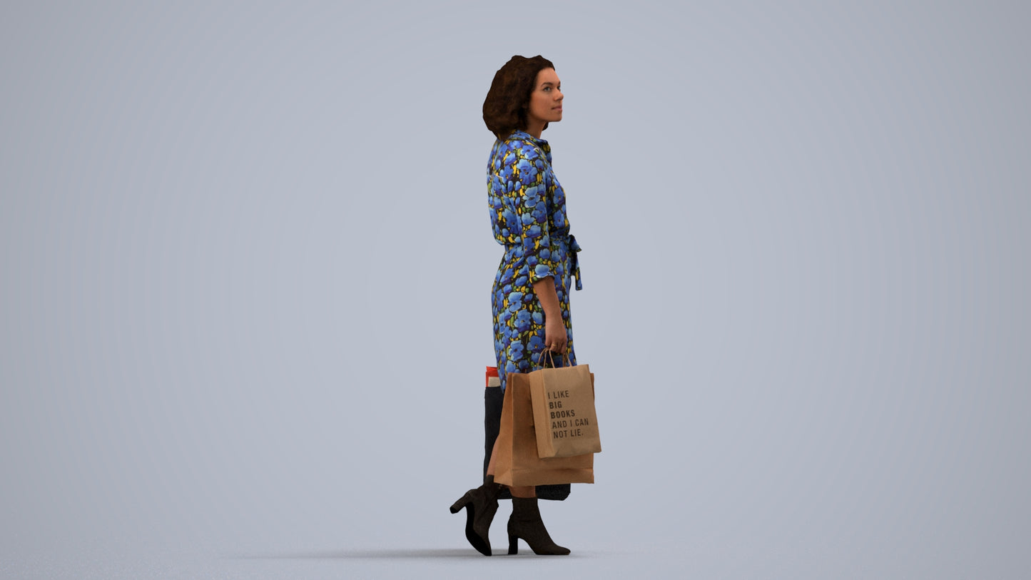 3D human model woman casual shopping, photogrammetry scanned person for archviz, side view render