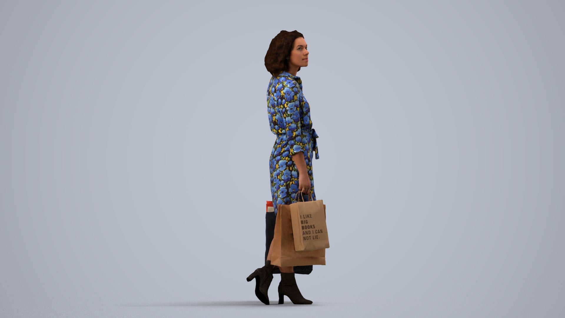 3D human model woman casual shopping, photogrammetry scanned person for archviz, side view render