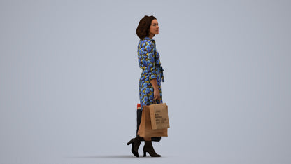 3D human model woman casual shopping, photogrammetry scanned person for archviz, side view render