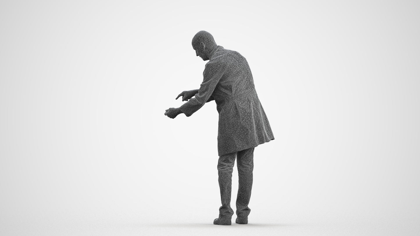 3D human model senior man medical, photogrammetry scanned person for archviz, wireframe front view