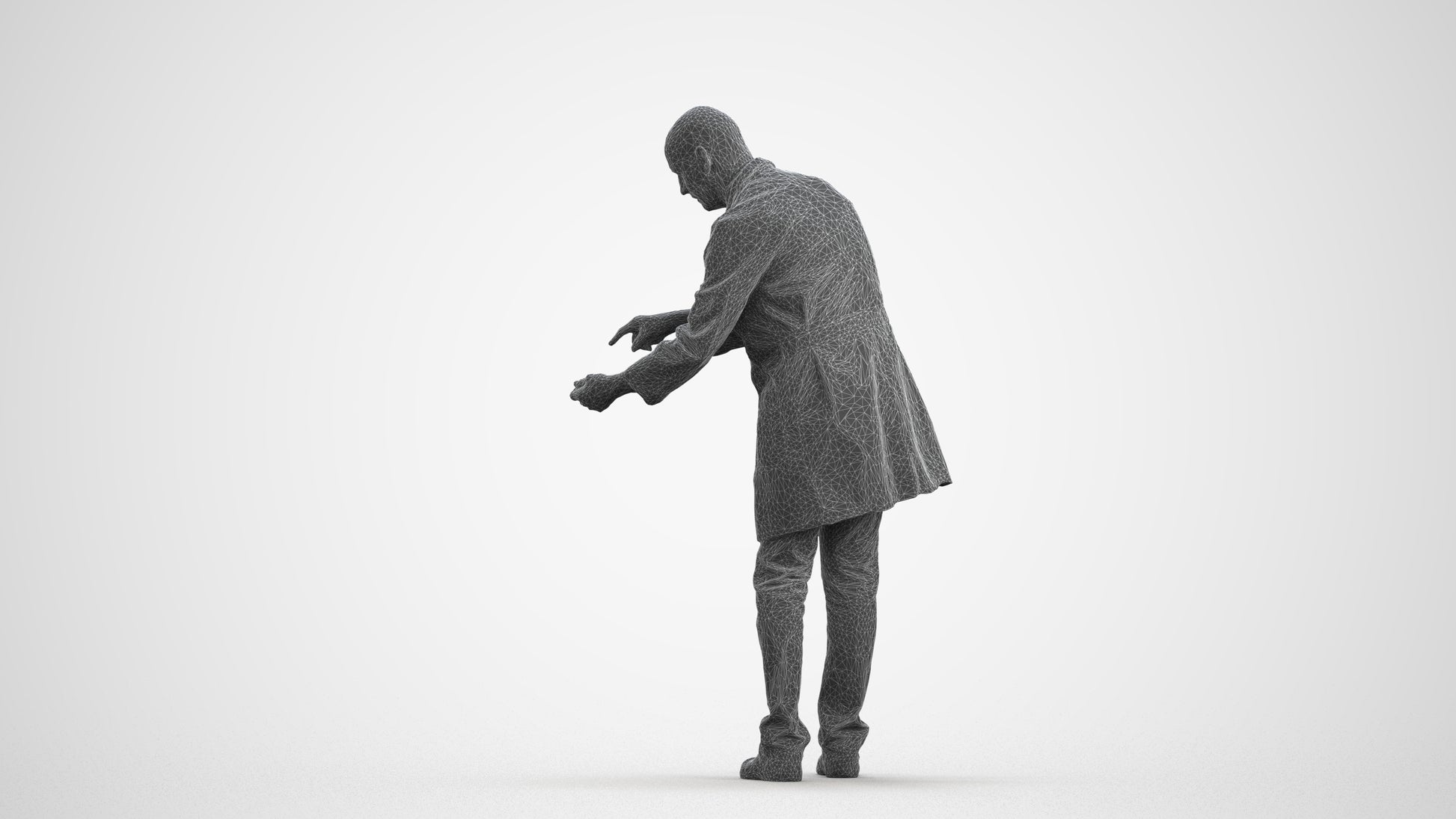 3D human model senior man medical, photogrammetry scanned person for archviz, wireframe front view