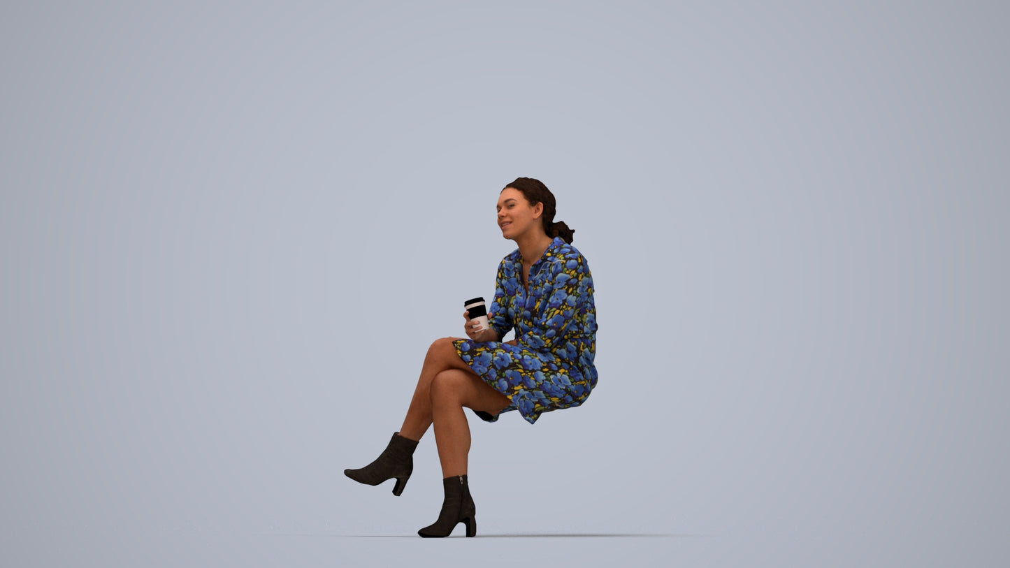 3D scanned woman sitting casual, photorealistic archviz people for Enscape and SketchUp, top-down view render