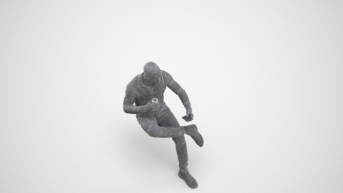 realistic 3D man casual sitting, scanned archviz people for Blender and 3ds Max, wireframe three-quarter view
