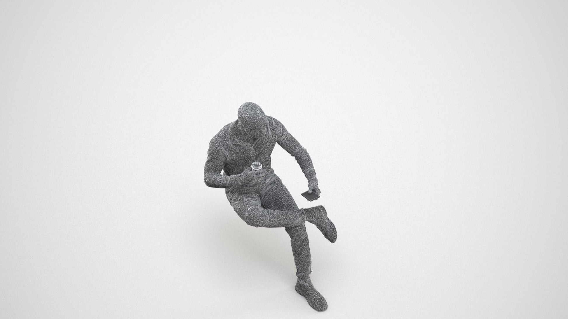 realistic 3D man casual sitting, scanned archviz people for Blender and 3ds Max, wireframe three-quarter view