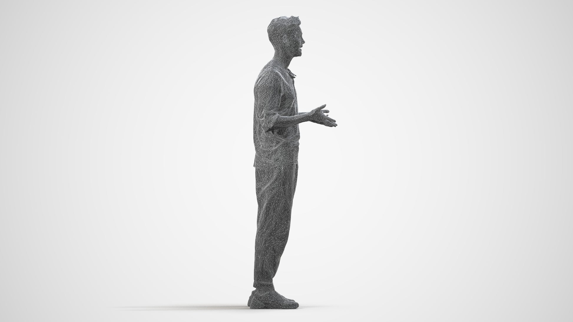 3D human model man casual standing, photogrammetry scanned person for archviz, wireframe side view