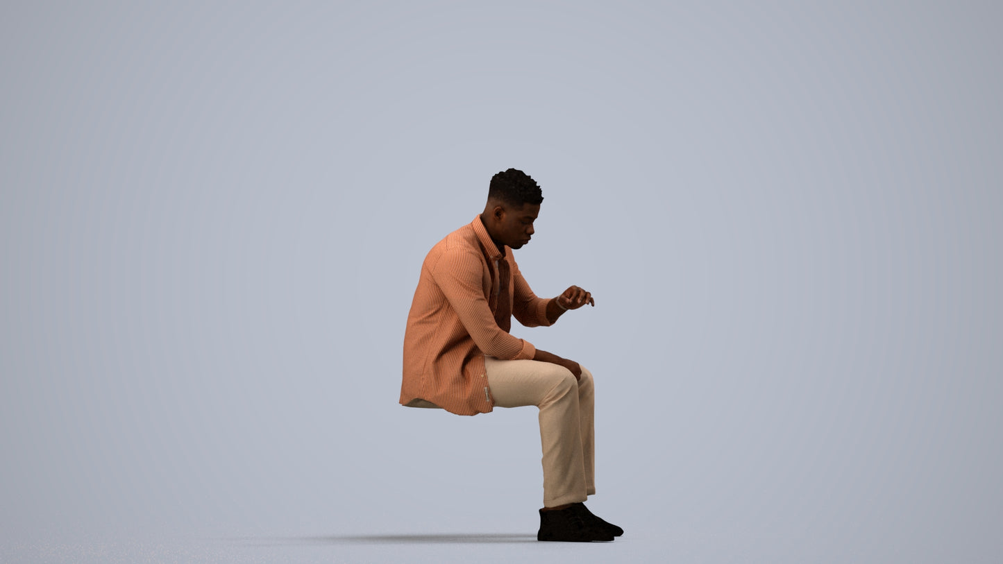 3D human model man casual sitting, photogrammetry scanned person for archviz, side view render