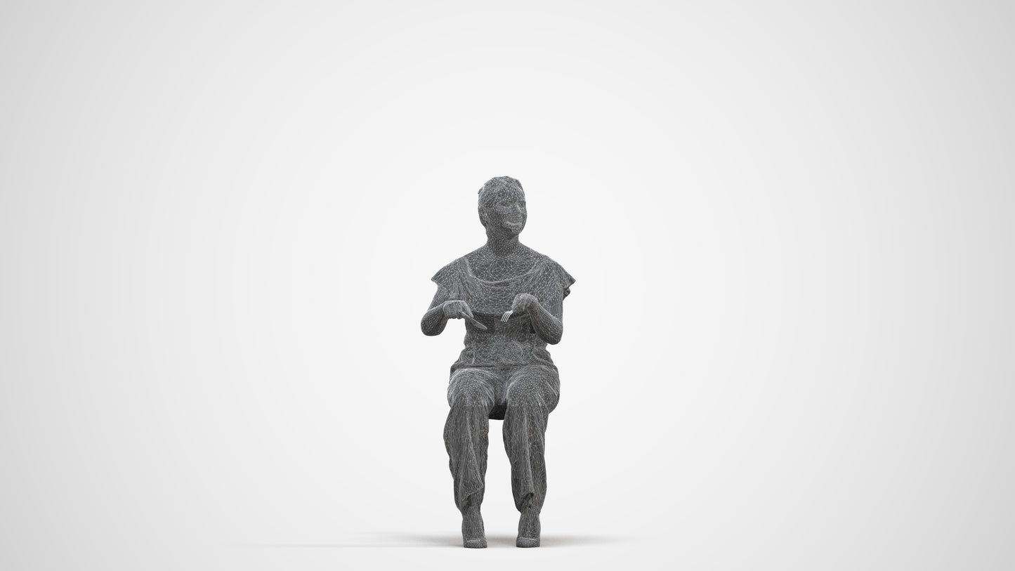 3D scanned woman sitting casual, photorealistic archviz people for Enscape and SketchUp, three-quarter front view render