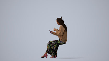 realistic 3D woman casual sitting, scanned archviz people for Blender and 3ds Max, three-quarter view render